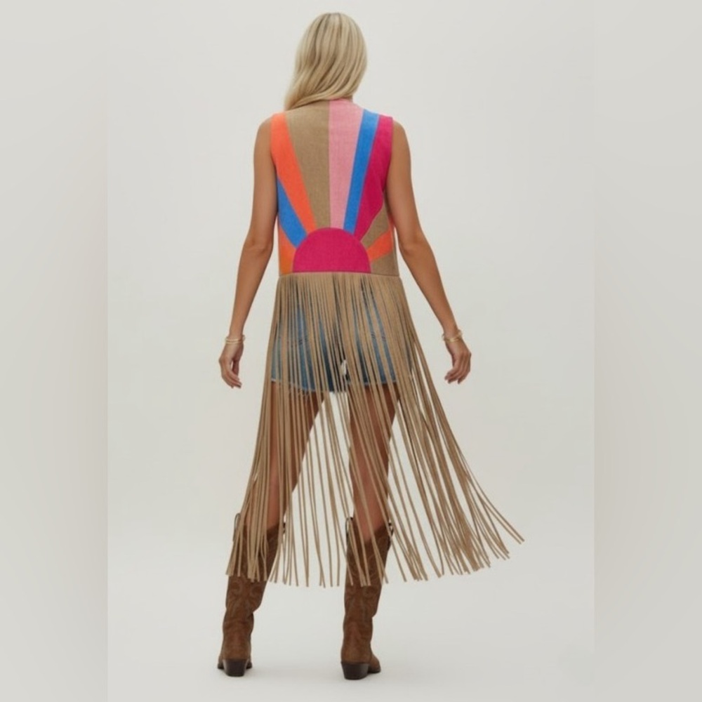 🌅 Boho Western Color Block Fringe Vest – Tan Multi Sunrise
